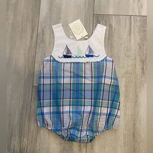 NWT TBBC Lauderdale Plaid Embroidered Sandler Sunsuit Bubble Romper, Boys 18-24M